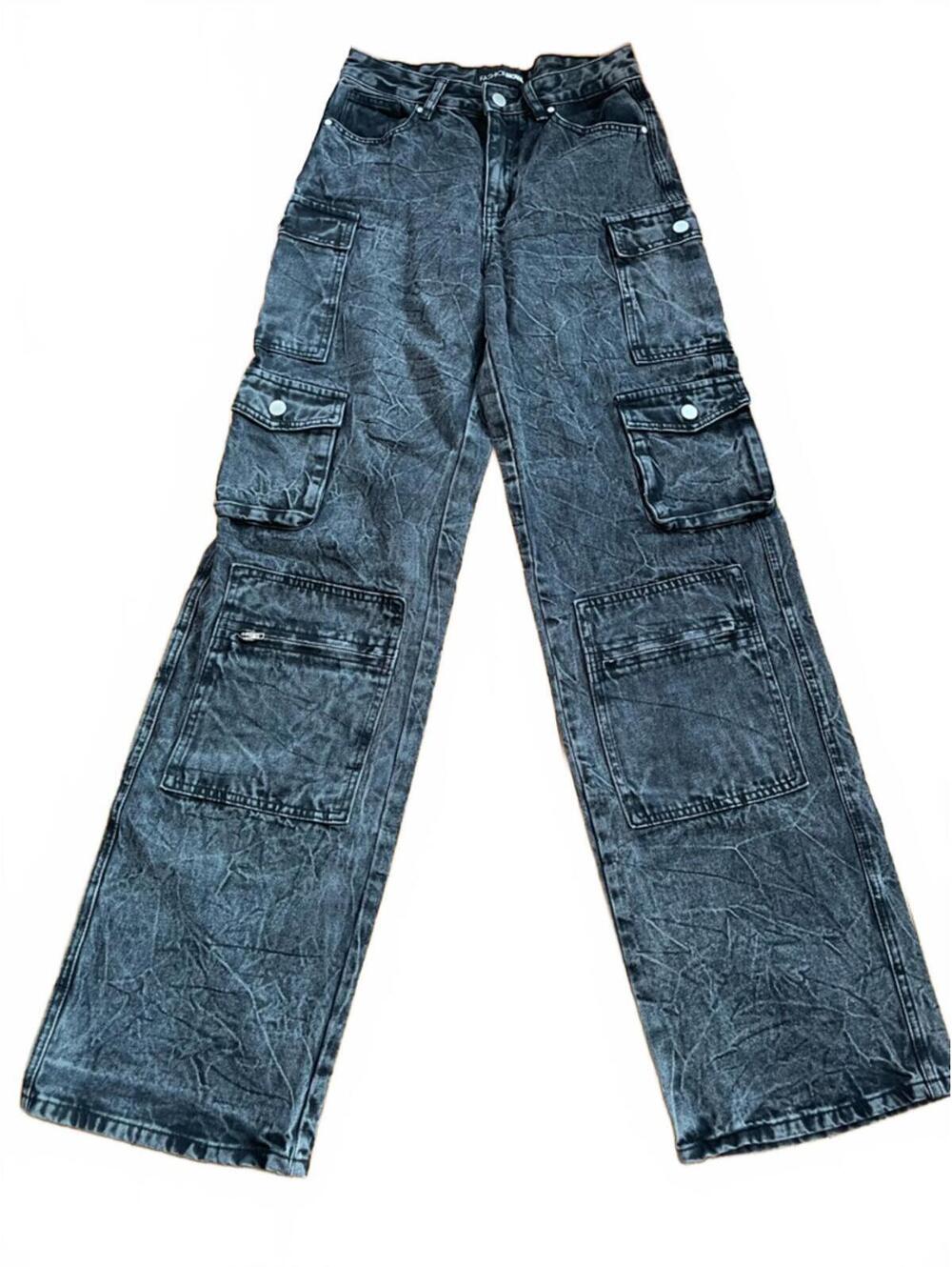 Fashion Nova Black Washed Wide-Leg Cargo Jeans Size 3 Juniors